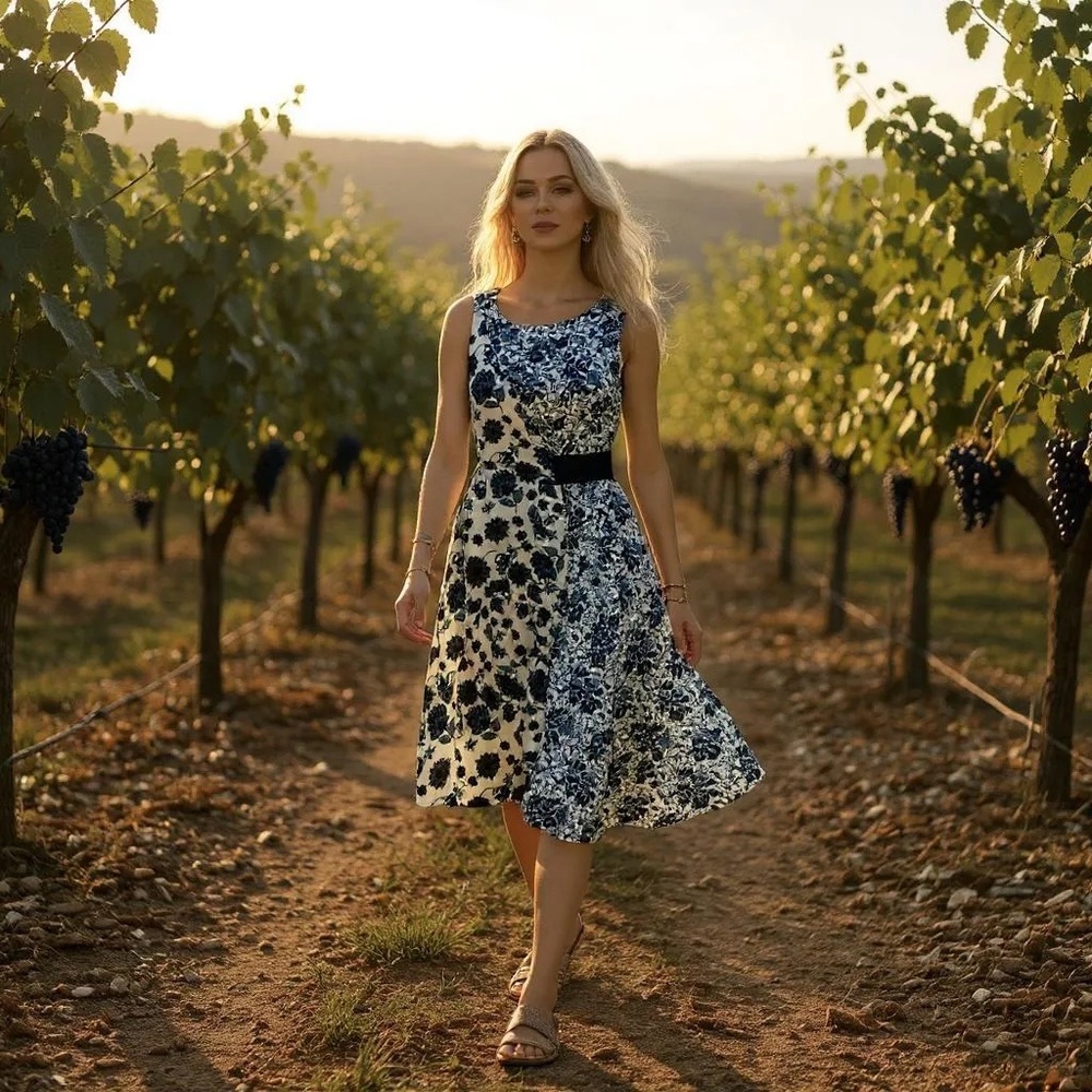 Anthony Richards Asymmetrical Blue Floral Print Midi